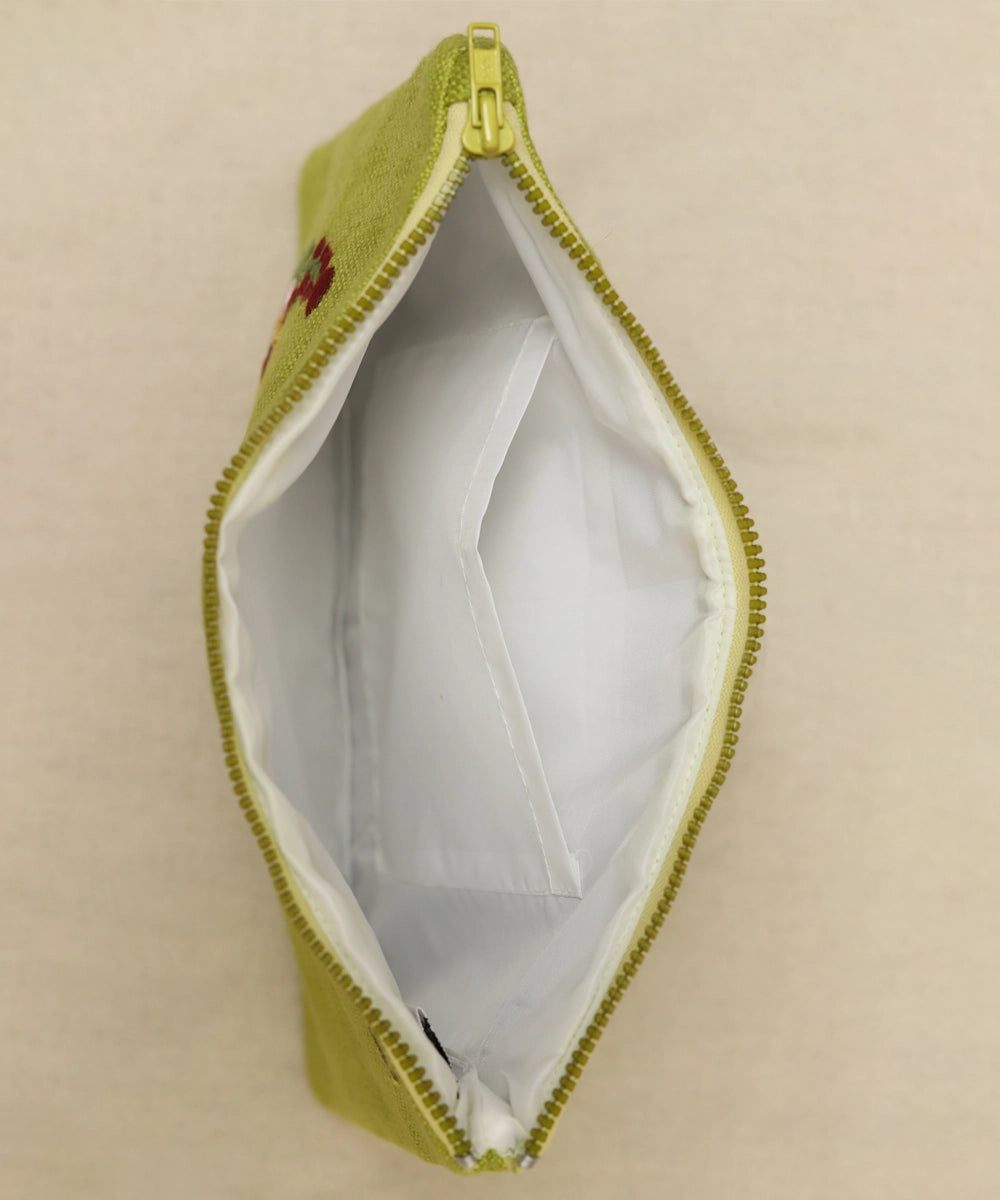 Bright Olive Green hand embroidered  Pure Linen Utility Pouch with Lining & Zip