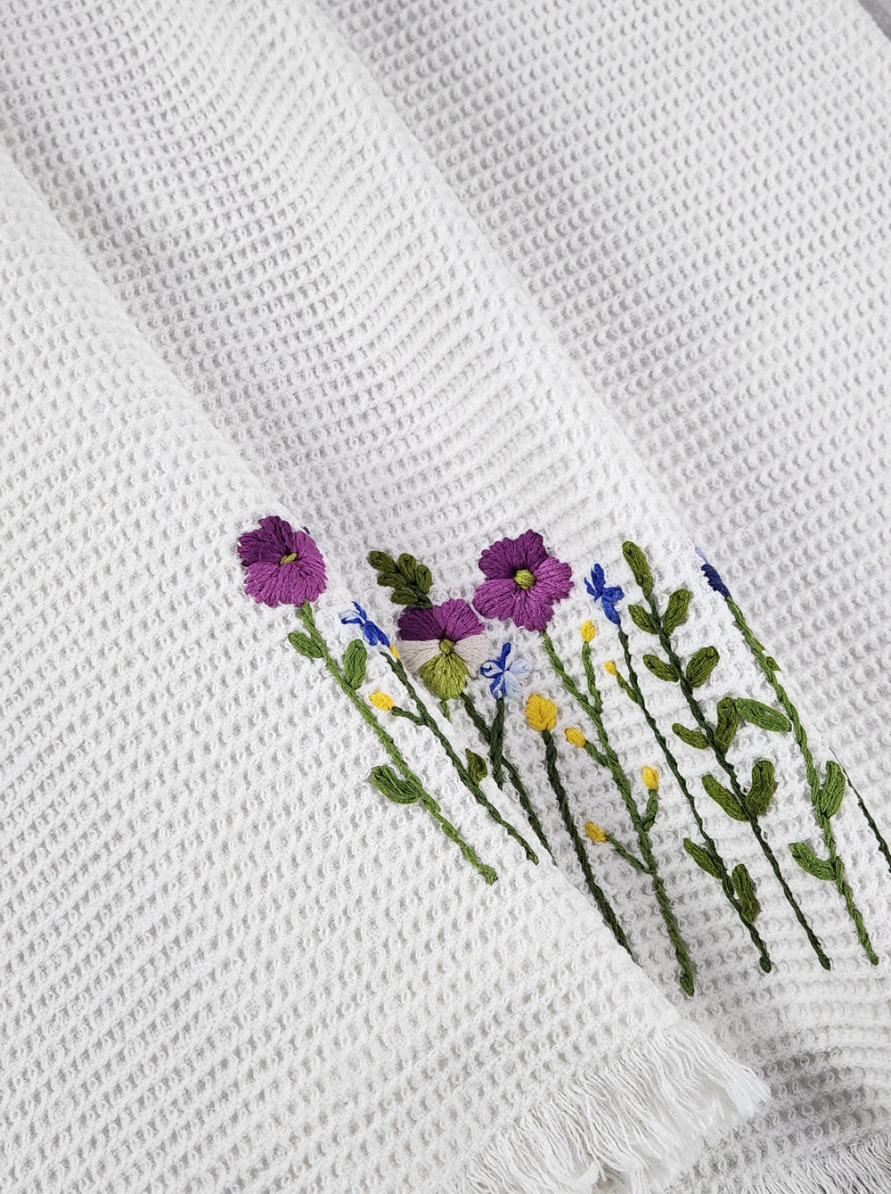 Embroidered Bath Towel | Soft Cotton Waffle | White