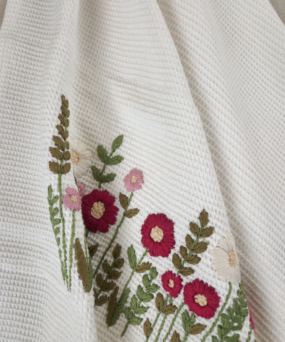 Embroidered Bath Towel | Soft Cotton Waffle | White