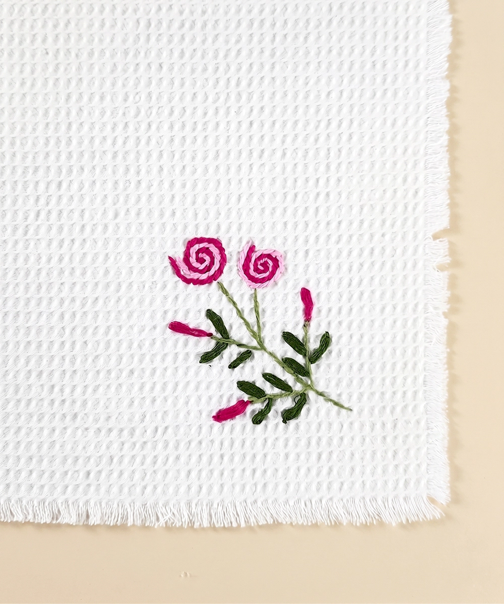 Embroidered Face Towel - Set of 4 pcs in Soft Cotton Waffle | White Tulip