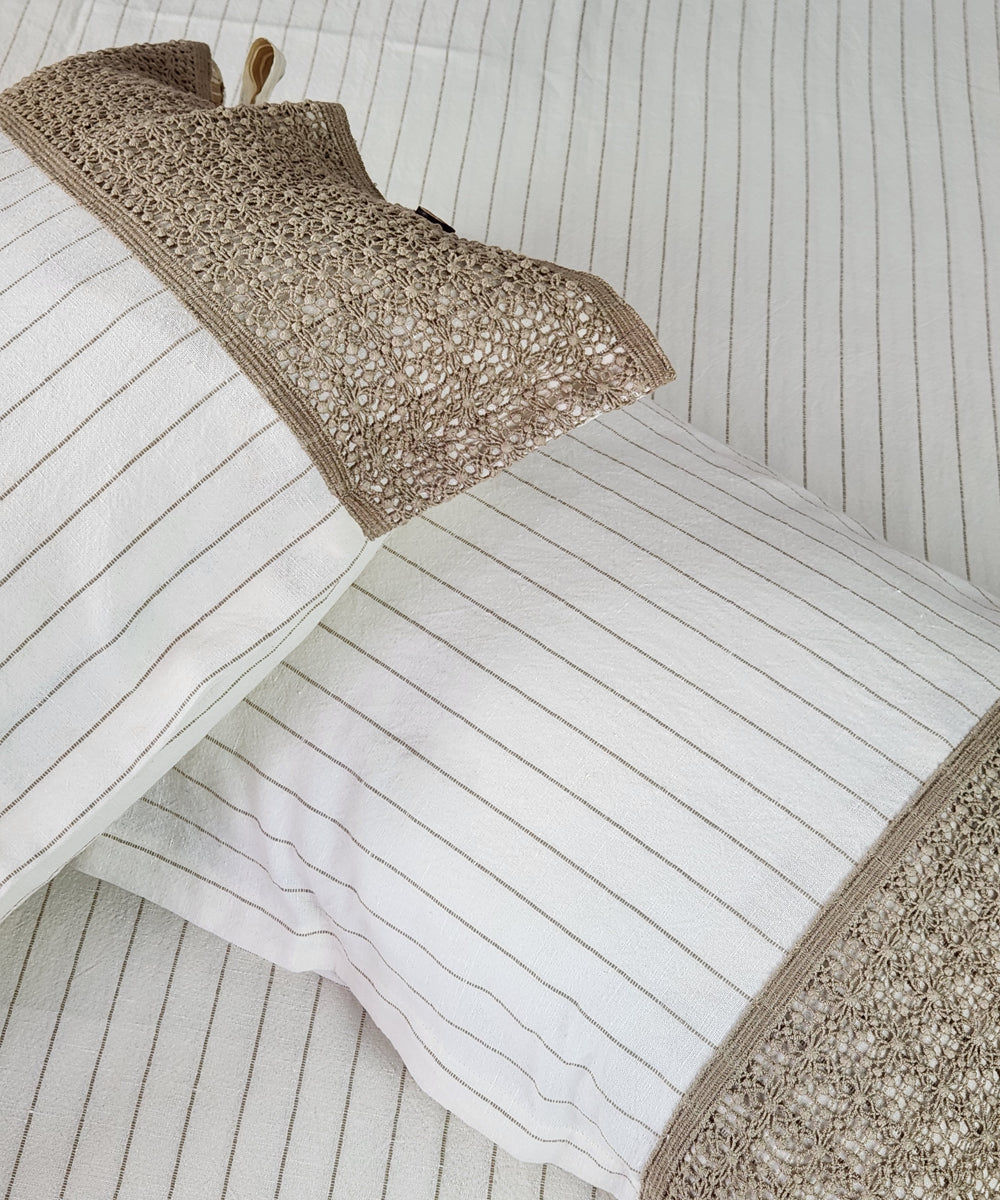 Cream & Beige Yarn Dyed Cotton Linen King Bedcover with lace pillow