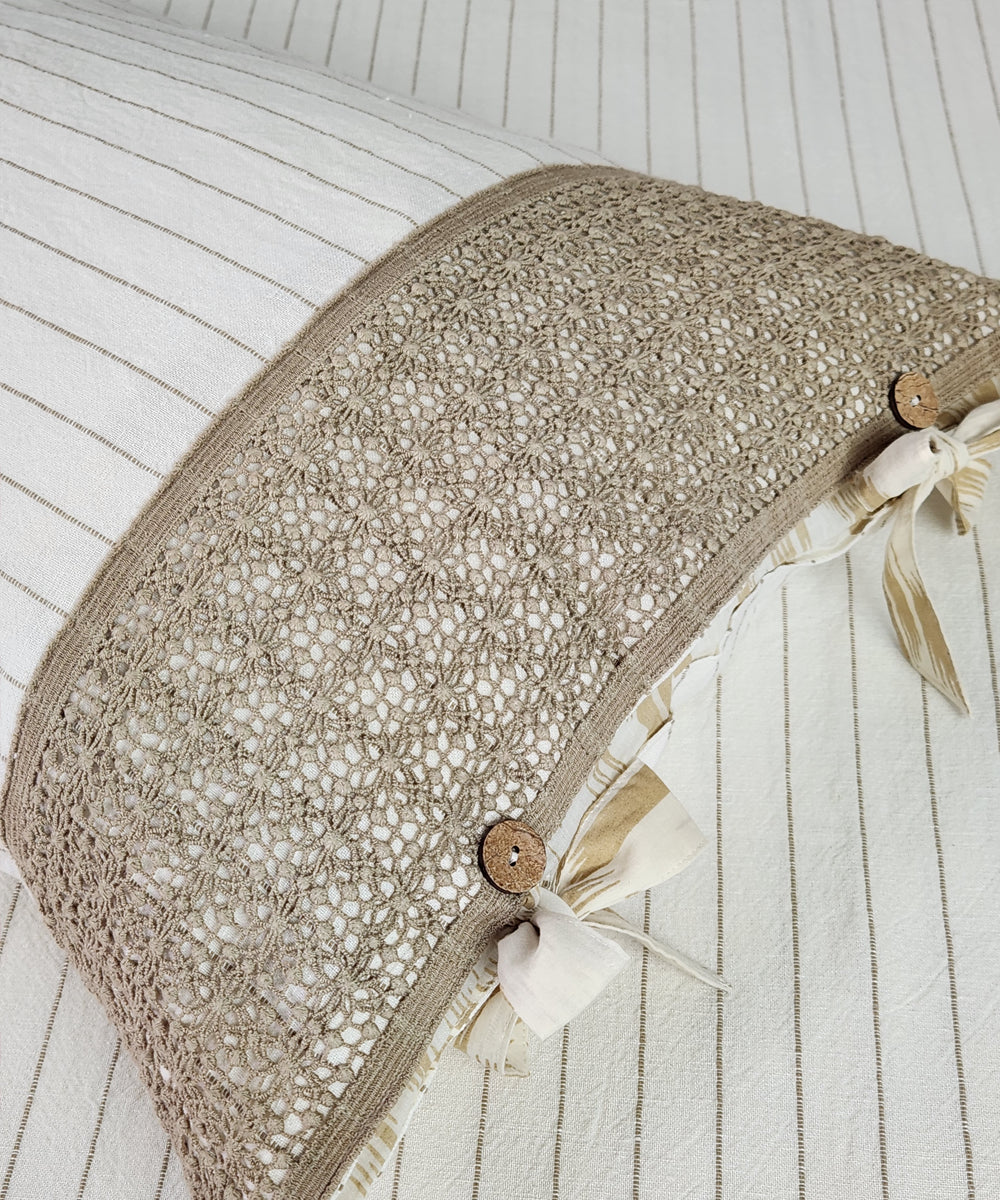Cream & Beige Yarn Dyed Cotton Linen King Bedcover with lace pillow