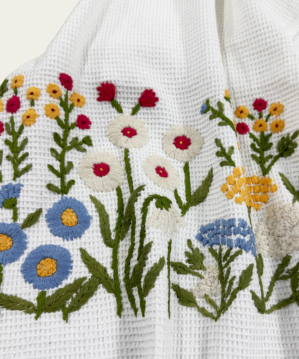 Embroidered Bath Towel | Soft Cotton Waffle | White