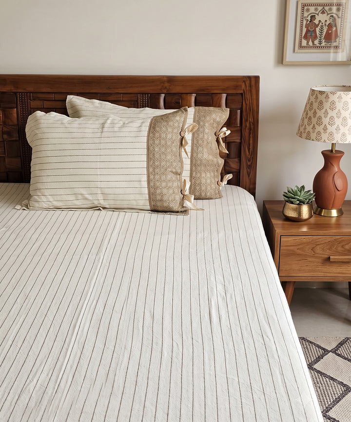 Cream & Beige Yarn Dyed Cotton Linen King Bedcover with lace pillow