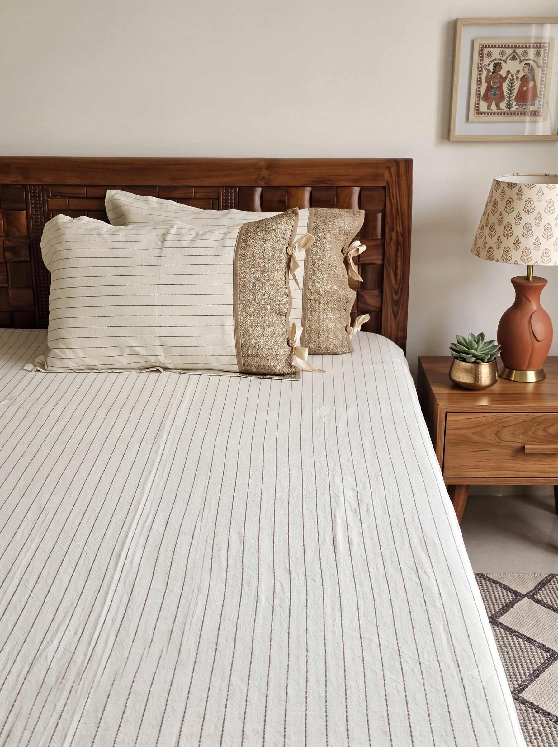 Cream & Beige Yarn Dyed Cotton Linen King Bedcover with lace pillow