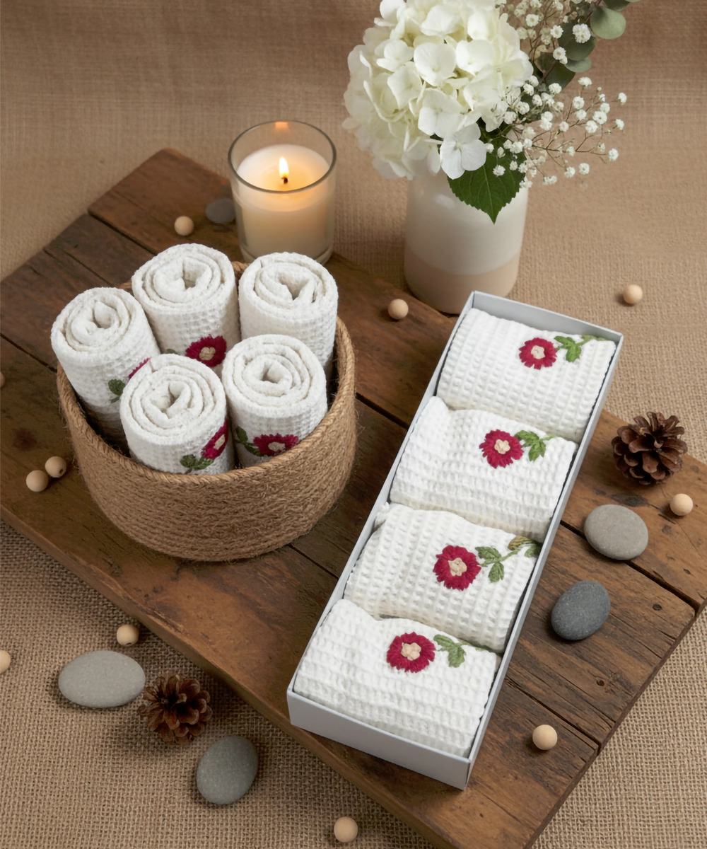 Embroidered Face Towel - Set of 4 pcs in Soft Cotton Waffle | White with Maroon