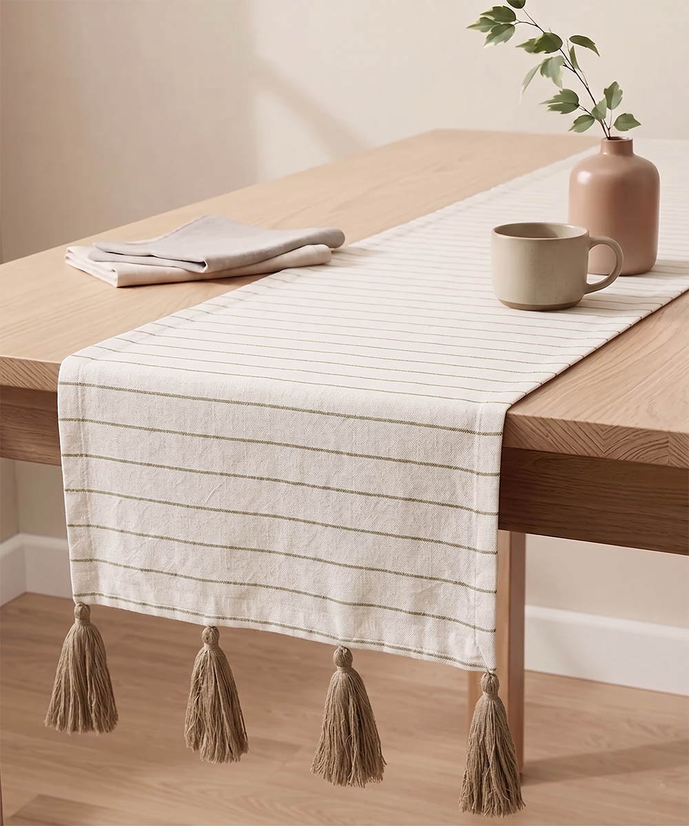 Off White & Beige Cotton Linen YD Stripe 6 seater Table Runner