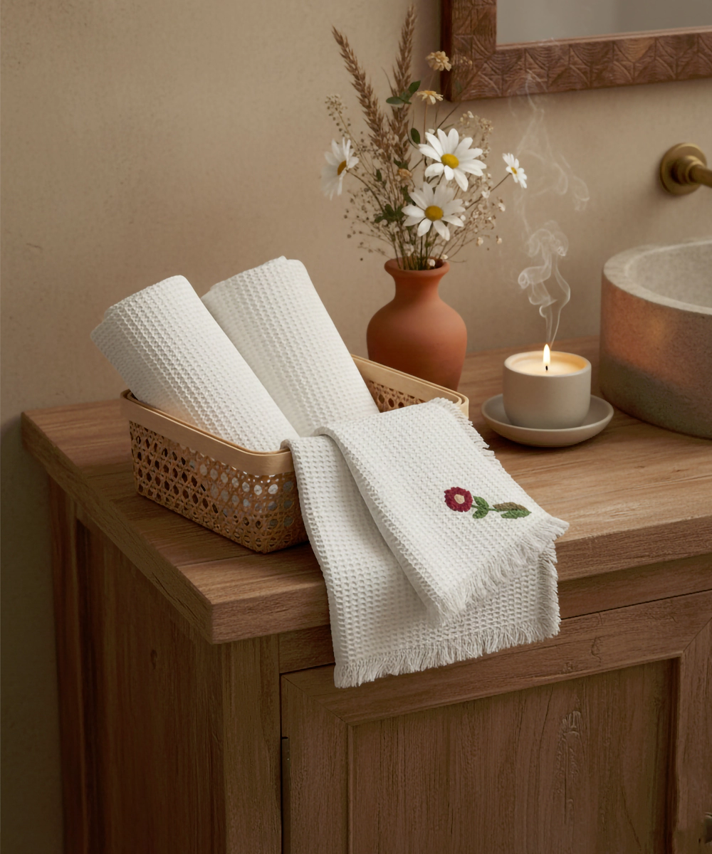 Embroidered Hand Towel - Set of 2 pcs in Soft Cotton Waffle | White