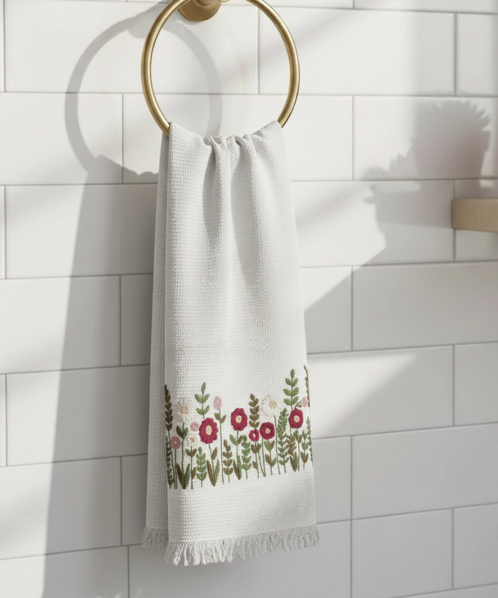 Embroidered Bath Towel | Soft Cotton Waffle | White
