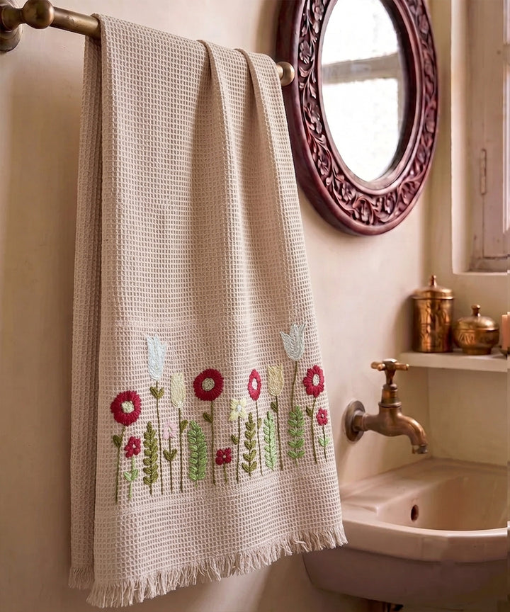 Embroidered Bath Towel | Soft Cotton Waffle | Dusty Pink