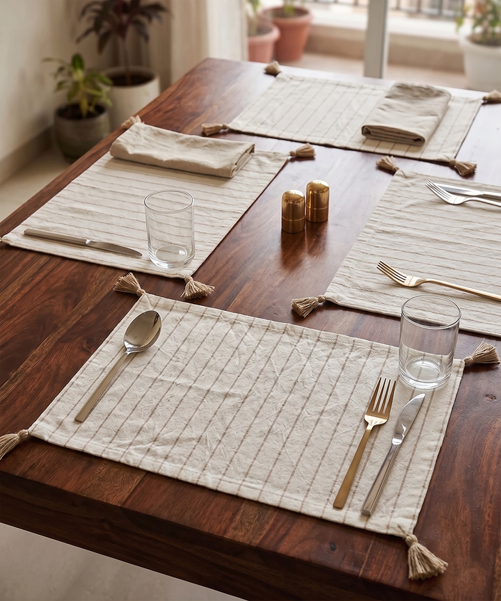 Set of 6 pcs Off White & Beige Cotton Linen YD Stripe Table Mats