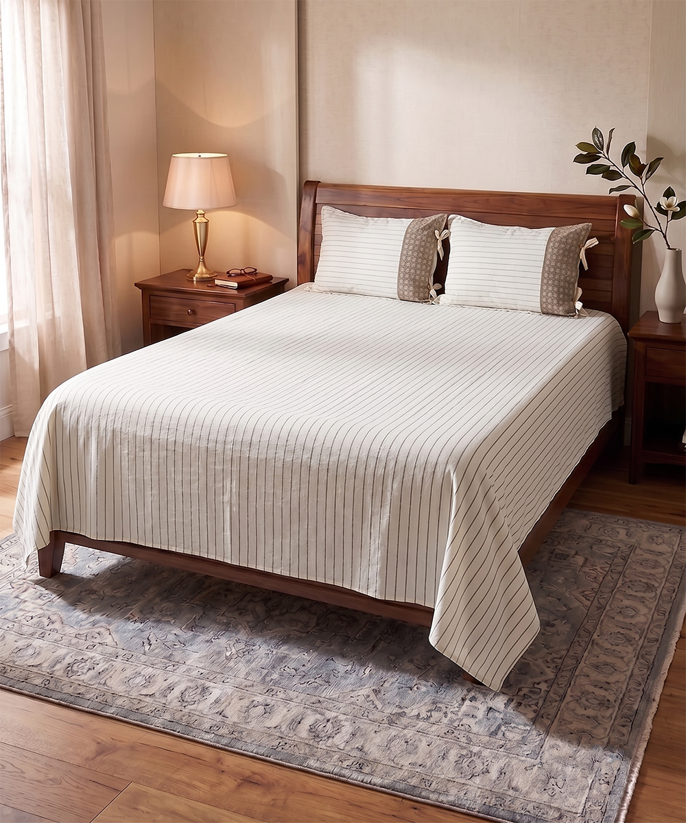 Cream & Beige Yarn Dyed Cotton Linen King Bedcover with lace pillow