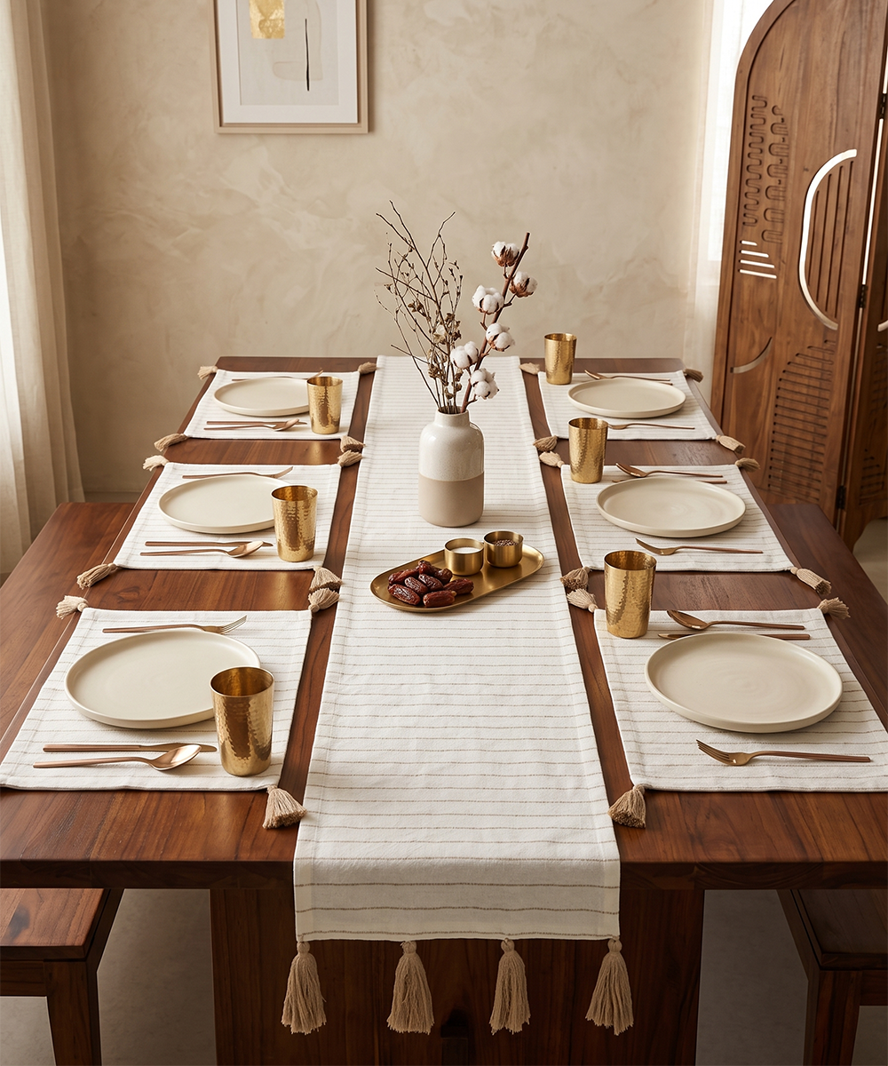 Off White & Beige Cotton Linen YD Stripe Table Runner with 6 Pcs Mat