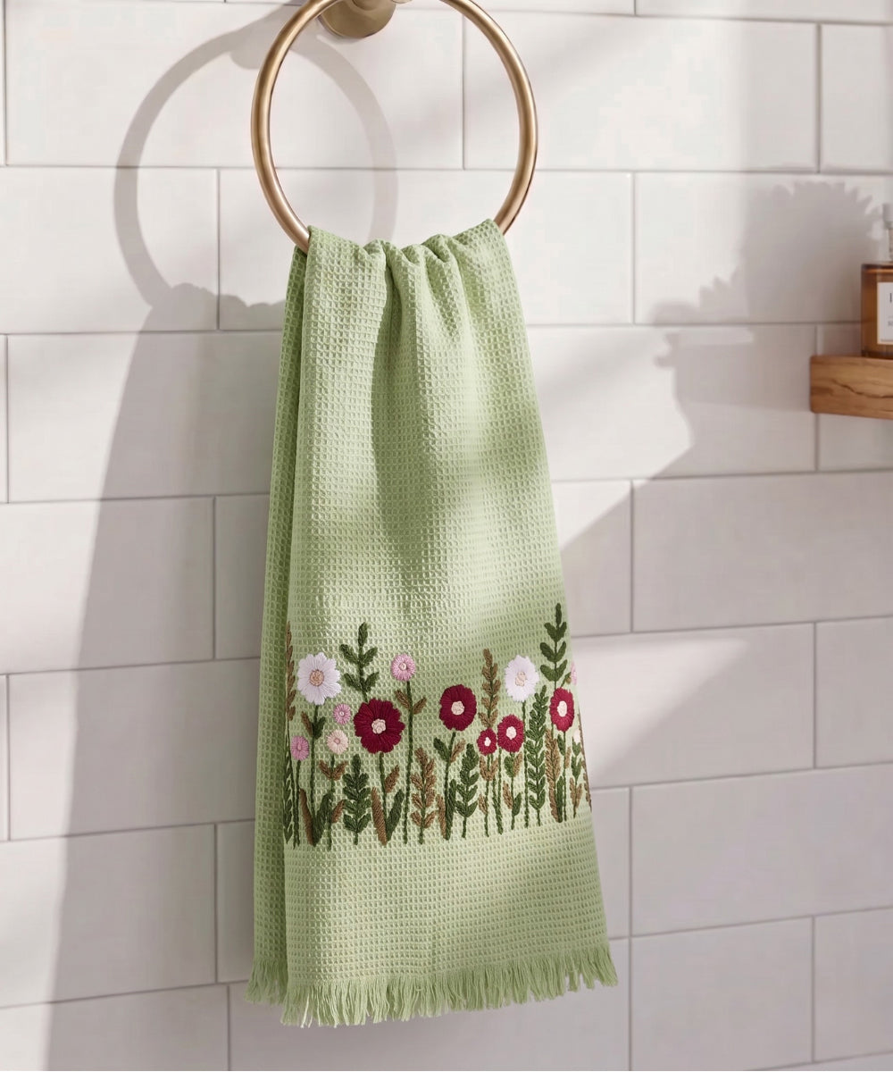 Embroidered Bath Towel | Soft Cotton Waffle | Sage Green