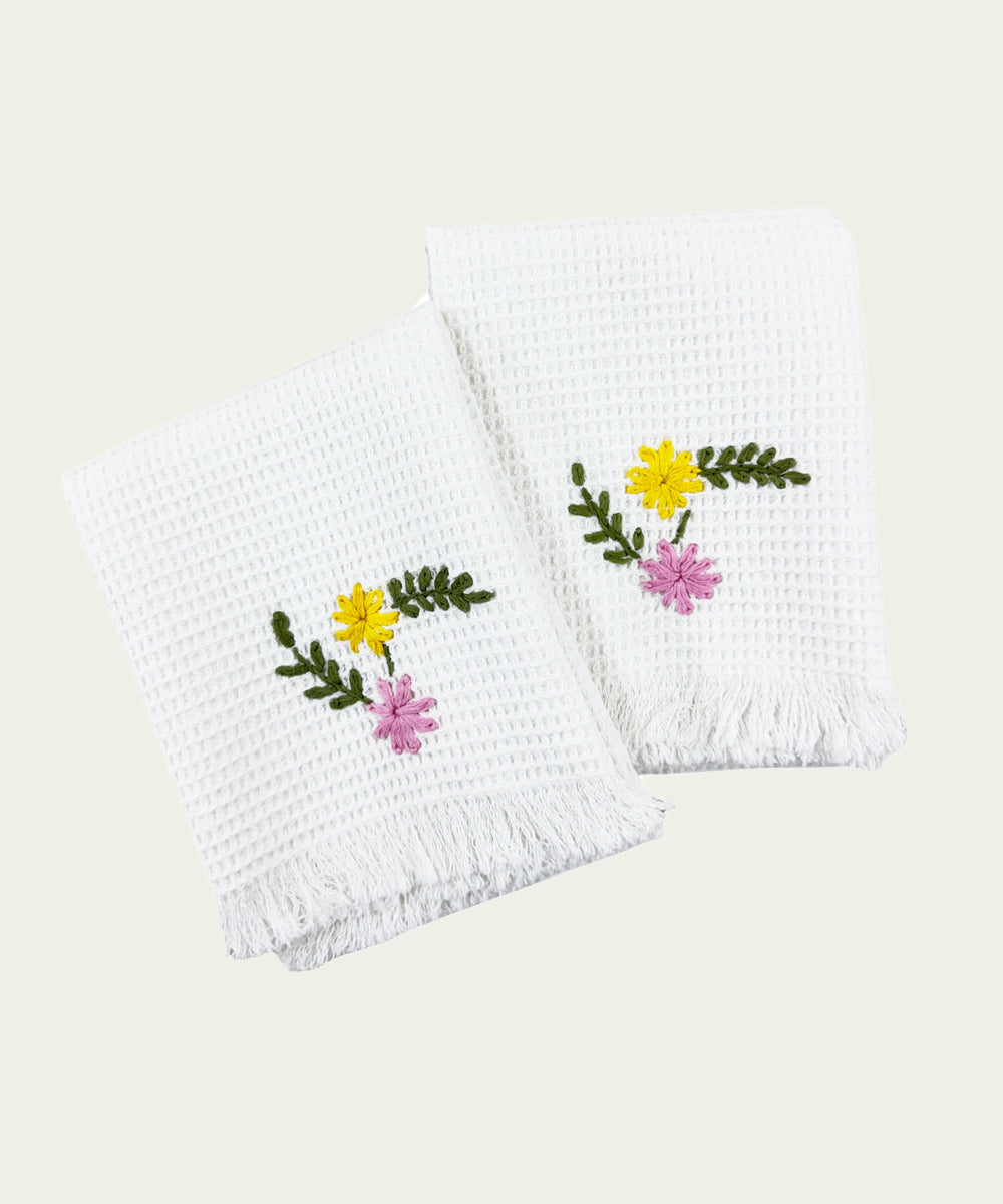 Embroidered 1 Pc Bath and 2 Pcs Hand Towel Set | Cotton Waffle Fabric | White