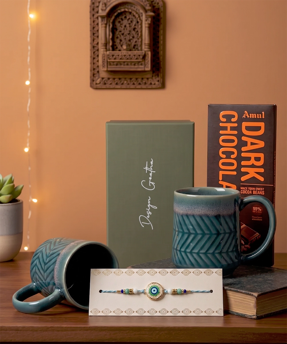 2 pcs Teal Textured Ceramic Coffee Mug with Rakhi & Chocolate