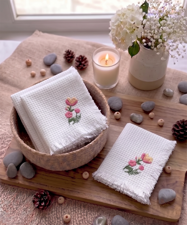 Embroidered Face Towel - Set of 4 pcs in Soft Cotton Waffle | White