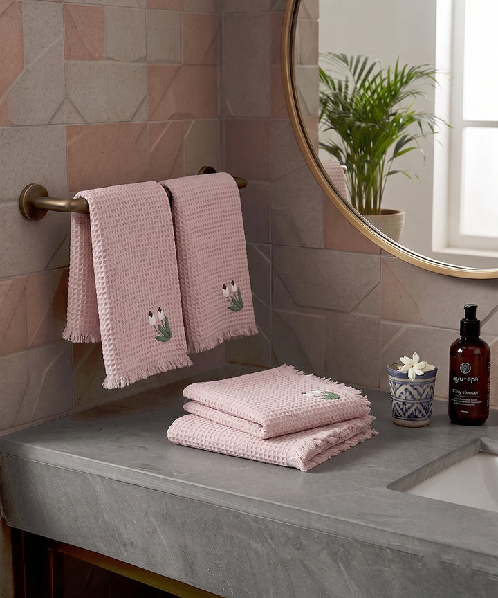 Embroidered Face Towel - Set of 4 pcs in Soft Cotton Waffle | Dusty Pink
