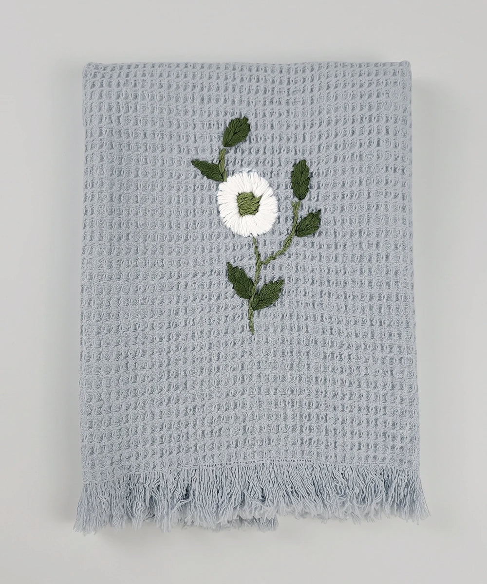 Embroidered Hand Towel - Set of 2 pcs in Soft Cotton Waffle | Light Blue