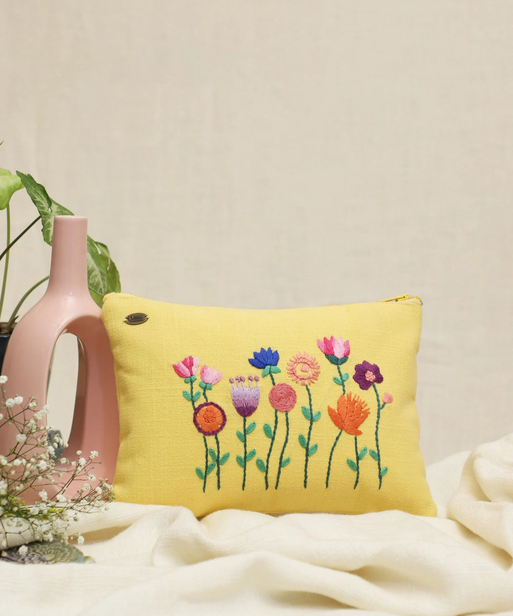 Bright Yellow hand embroidered Pure Cotton Slub Utility Pouch with Lining & Zip