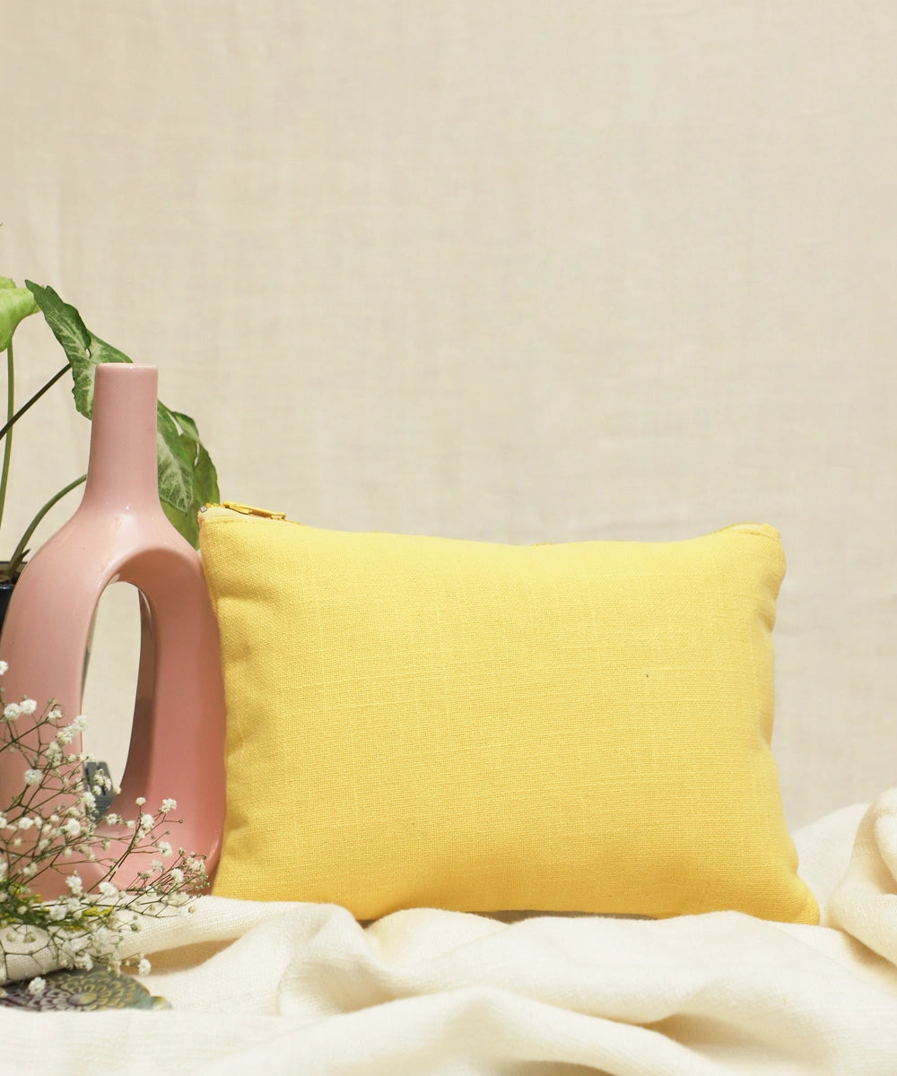 Bright Yellow hand embroidered Pure Cotton Slub Utility Pouch with Lining & Zip