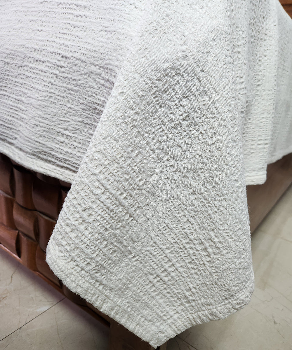 Cream Self Jacquard Cotton King Bedcover with 2 lace Pillow Covers