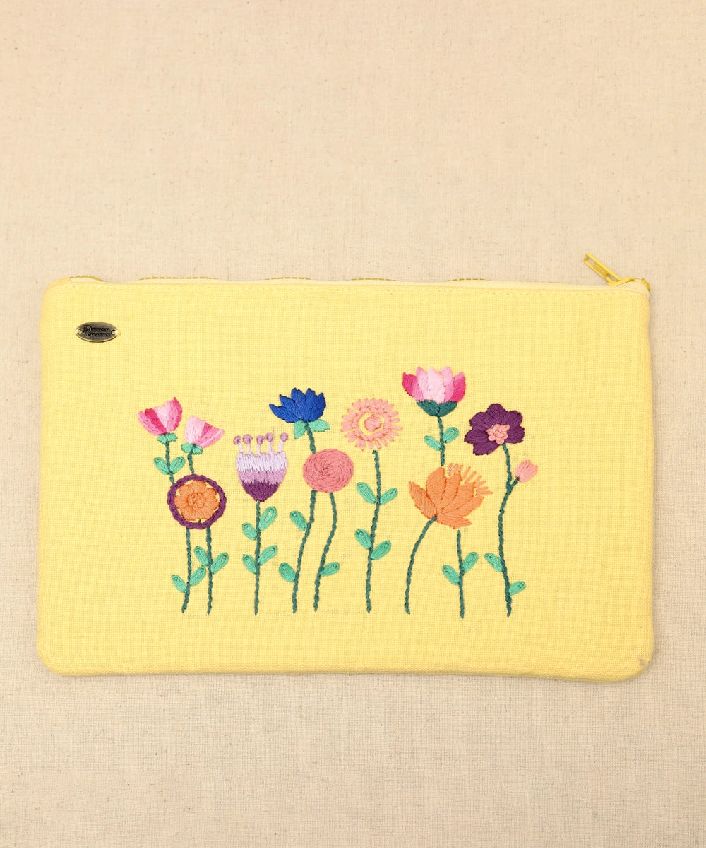 Bright Yellow hand embroidered Pure Cotton Slub Utility Pouch with Lining & Zip