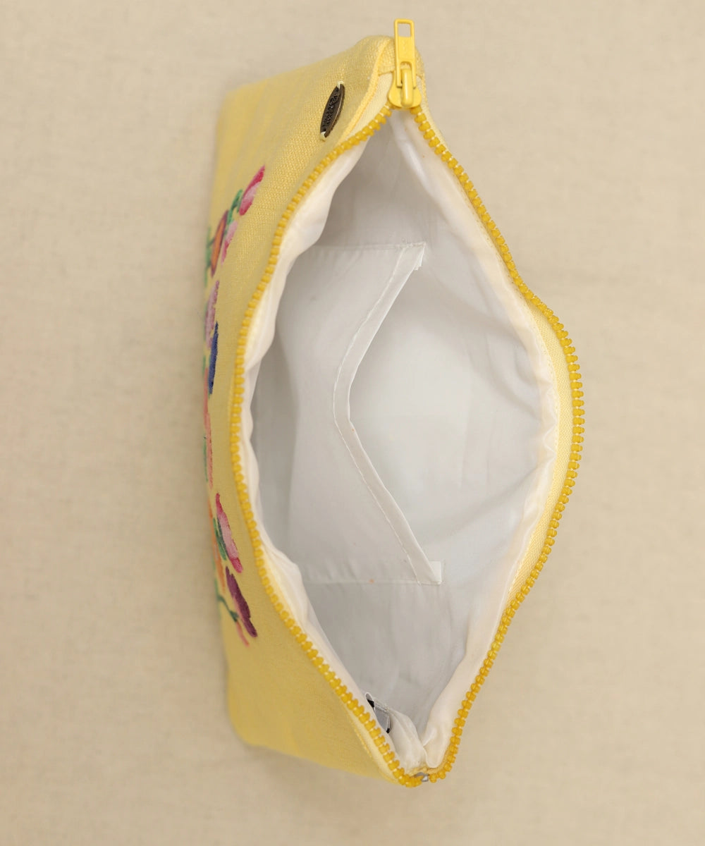 Bright Yellow hand embroidered Pure Cotton Slub Utility Pouch with Lining & Zip
