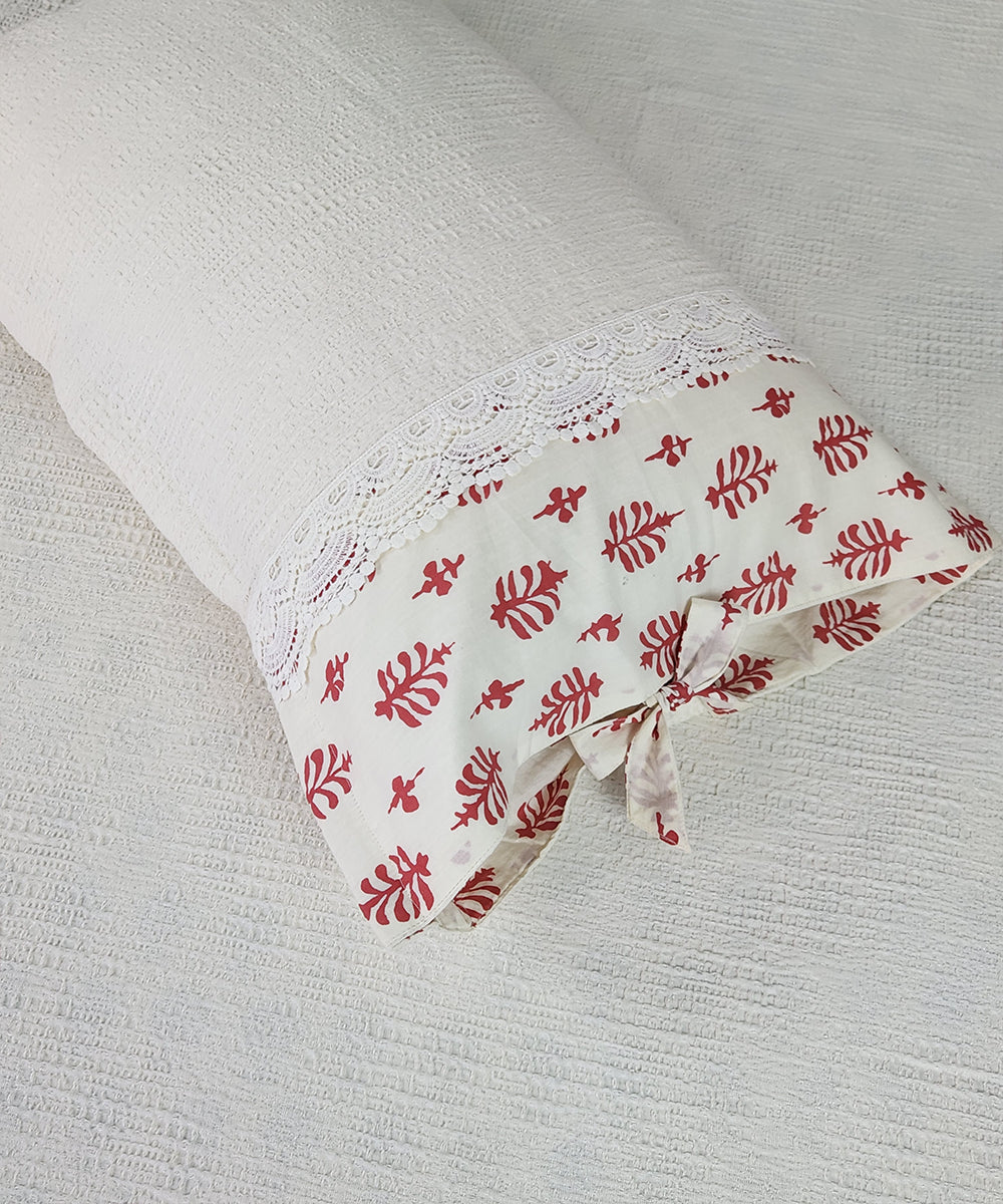 Cream Self Jacquard Cotton King Bedcover with 2 lace Pillow Covers