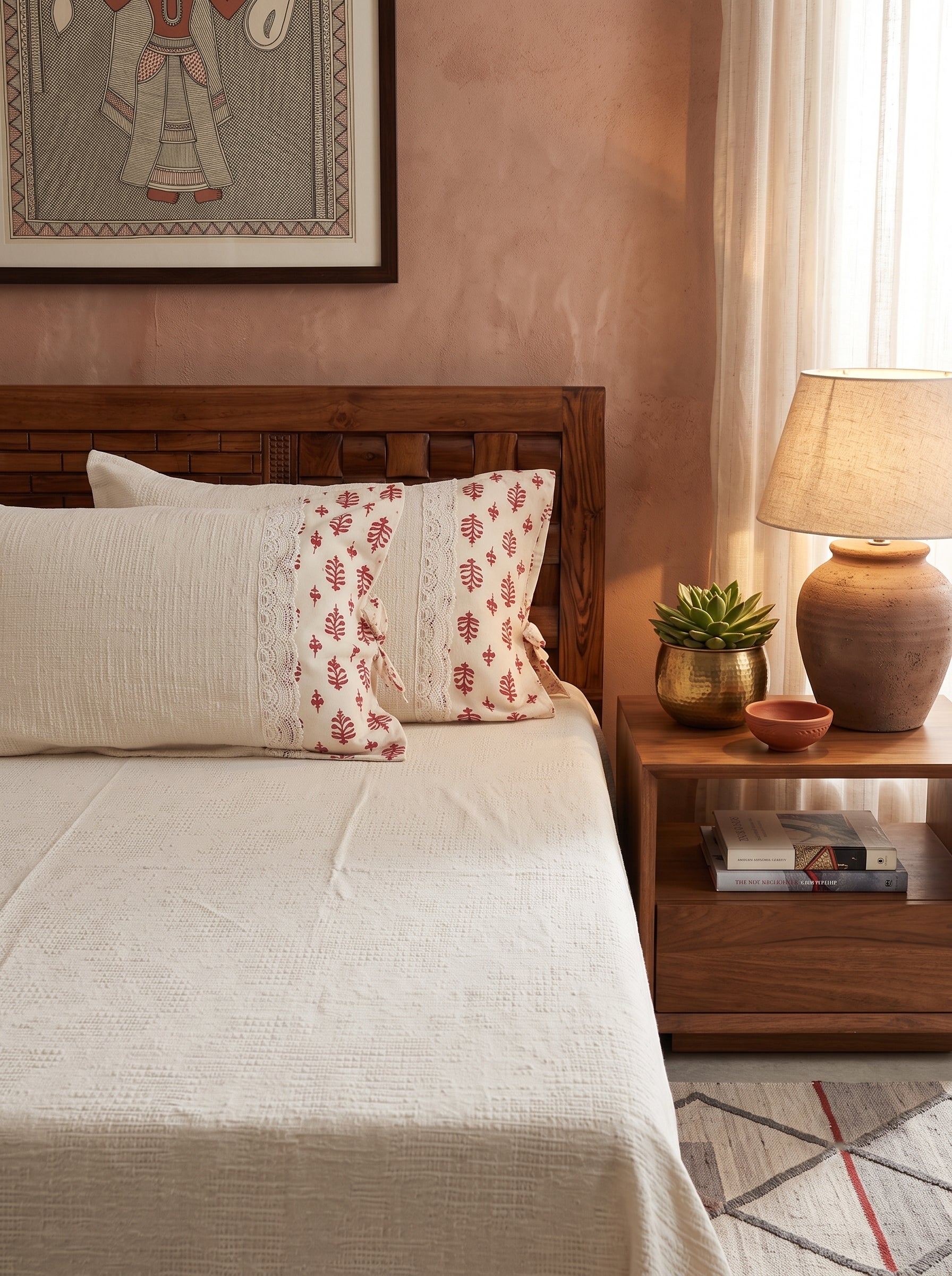Cream Self Jacquard Cotton King Bedcover with 2 lace Pillow Covers