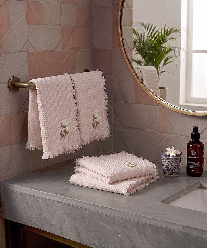 Embroidered Face Towel - Set of 4 pcs in Soft Cotton Waffle | Dusky Pink
