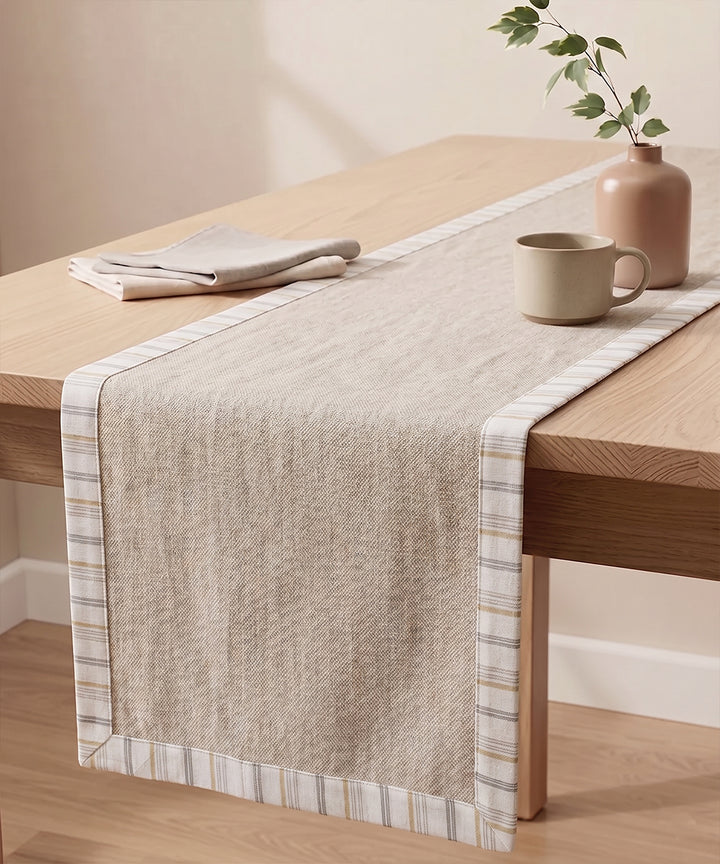 6 Seater Beige Oxford Table Runner with off white & beige stripe flange