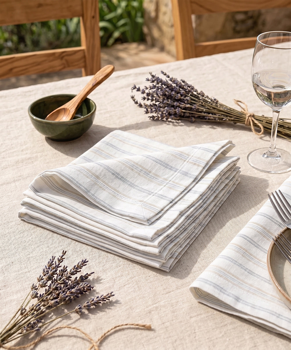 Set of 6 Off White & Beige Cotton YD Table Napkin