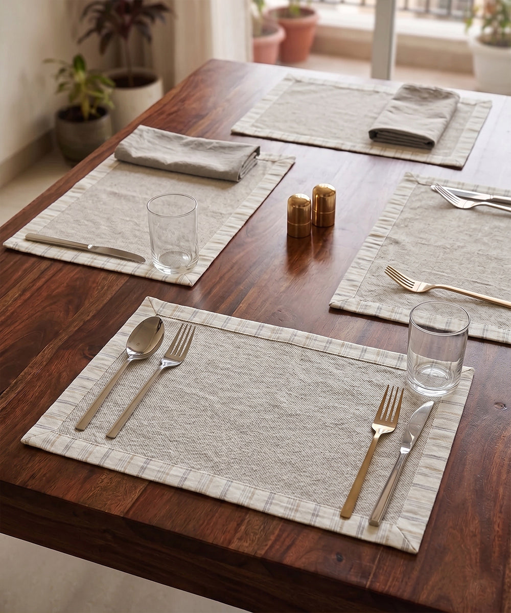 Set of 6 pcs Beige Cotton Oxford Table Mat with YD stripe Flange