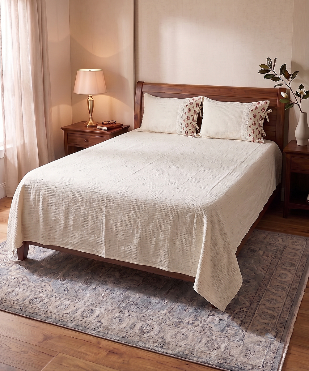 Cream Self Jacquard Cotton King Bedcover with 2 lace Pillow Covers