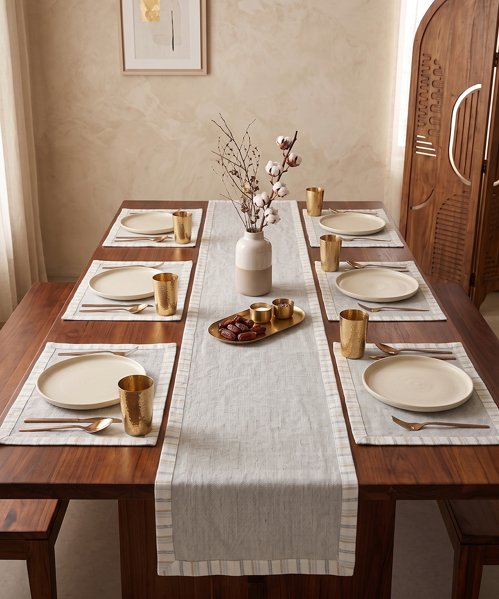 Beige Oxford Table Runner with 6 Pcs Mat (off white & beige stripe flange)
