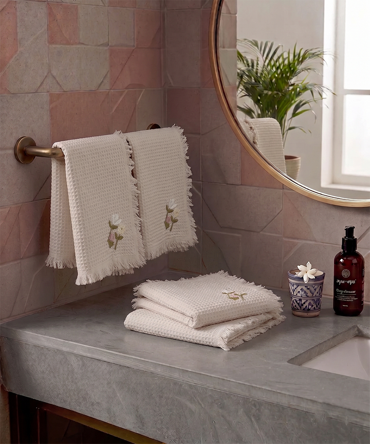 Embroidered Face Towel - Set of 4 pcs in Soft Cotton Waffle | Beige