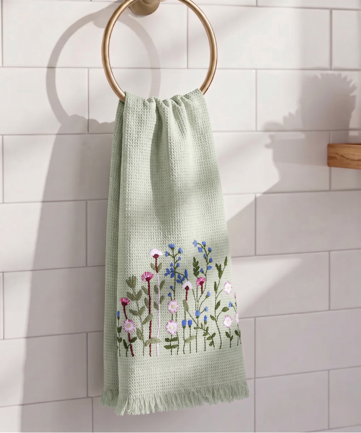 Embroidered Bath Towel | Soft Cotton Waffle | Light Green
