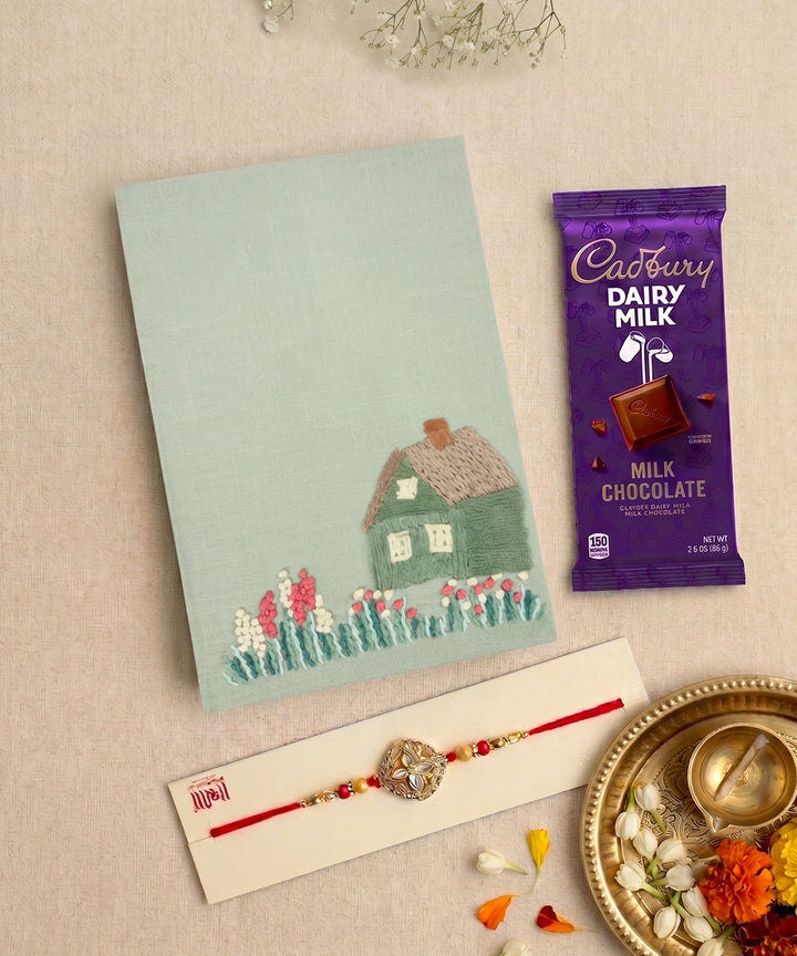 Hand Embroidered Diary Gift Set with Rakhi & Chocolate