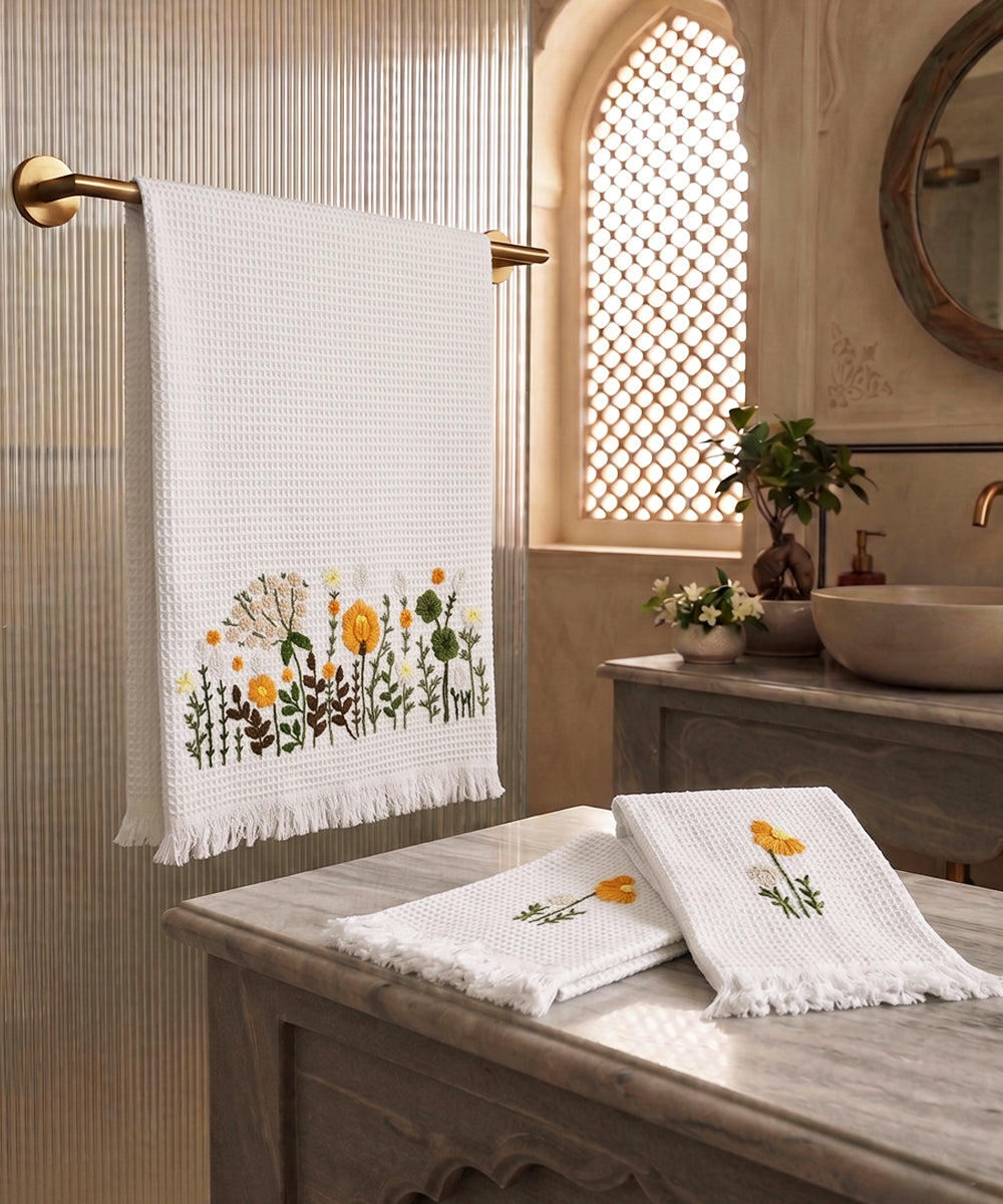 Embroidered 1 Pc Bath and 2 Pcs Hand Towel Set | Cotton Waffle Fabric | White
