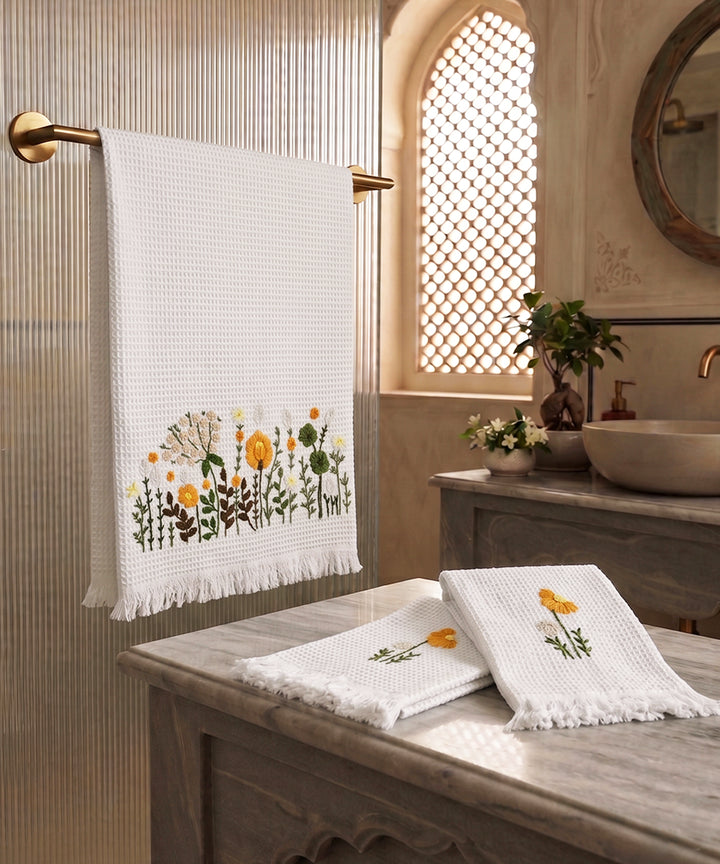 Embroidered 1 Pc Bath and 2 Pcs Hand Towel Set | Cotton Waffle Fabric | White