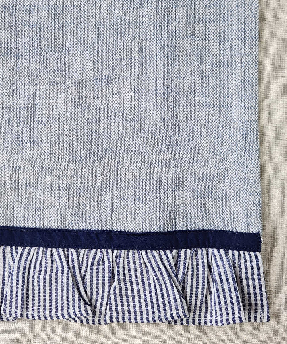 Blue Cotton Oxford 6 seater Table Runner with navy stripe ruffles