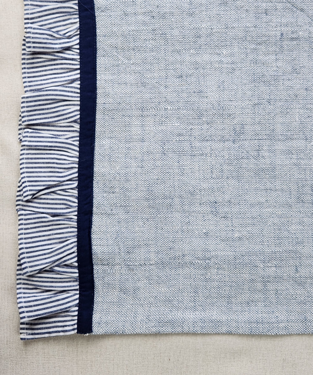 Blue Cotton Oxford 6 seater Table Runner with navy stripe ruffles