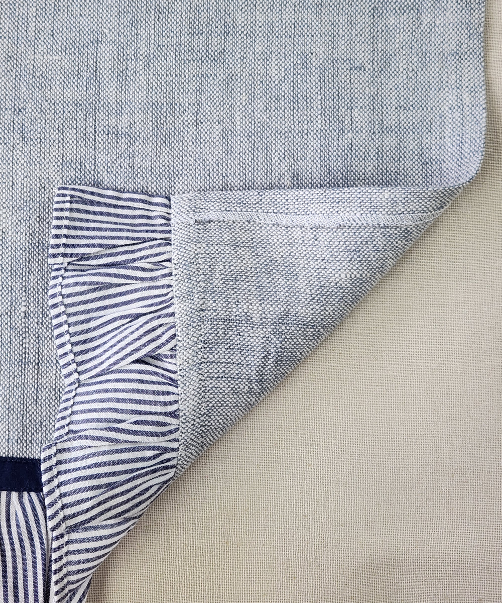 Blue Cotton Oxford 6 seater Table Runner with navy stripe ruffles