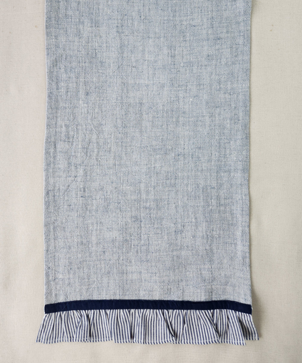 Blue Cotton Oxford 6 seater Table Runner with navy stripe ruffles