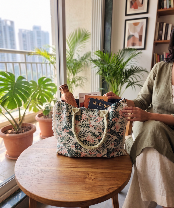 Citrus Oasis Woven Fringed Tote Bag