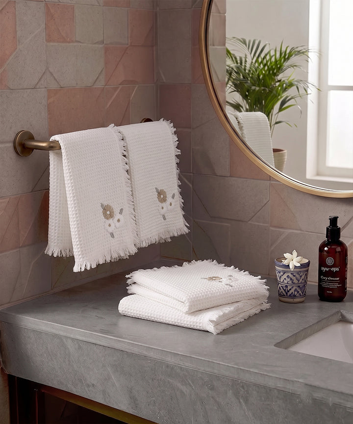 Embroidered Face Towel - Set of 4 pcs in Soft Cotton Waffle | White