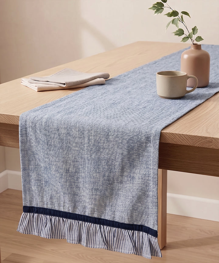 Blue Cotton Oxford 6 seater Table Runner with navy stripe ruffles