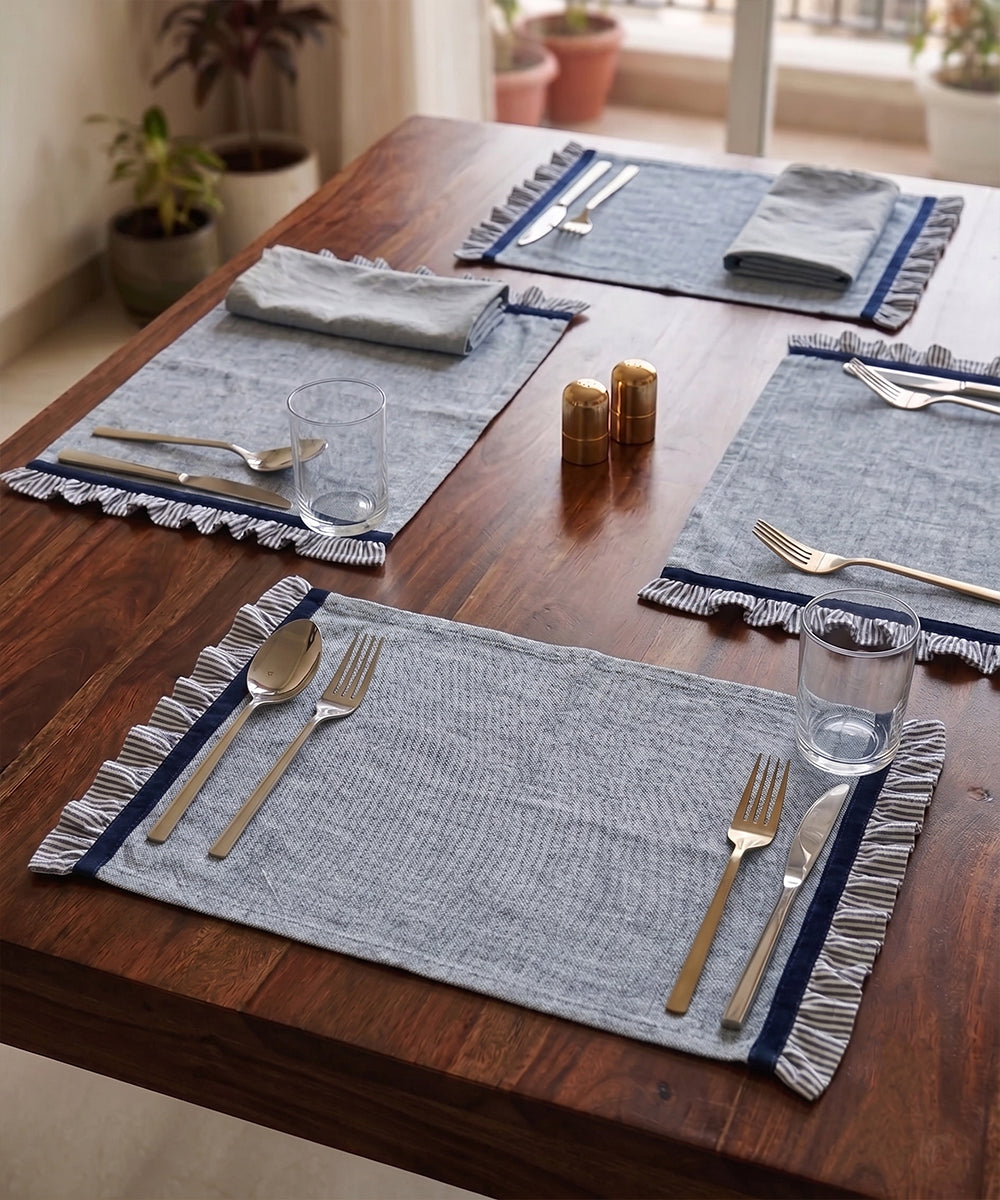 Set of 6 pcs Blue Cotton Oxford Table Mats with Navy stripe Ruffles