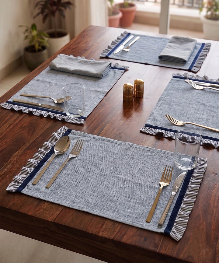 Set of 6 pcs Blue Cotton Oxford Table Mats with Navy stripe Ruffles